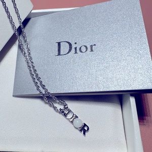 Christian Dior Logo Pearl "Dior" Silver Tone Pendant Necklace